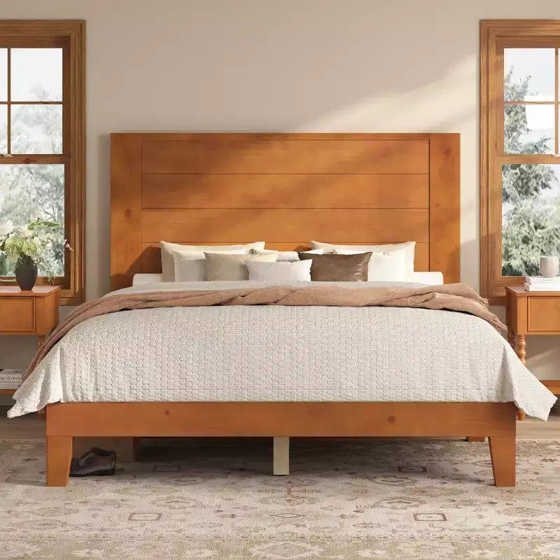 AMERLIFE Solid Pine Wood Platform Bed Frame with 47.2 Headboard, Wood Slats