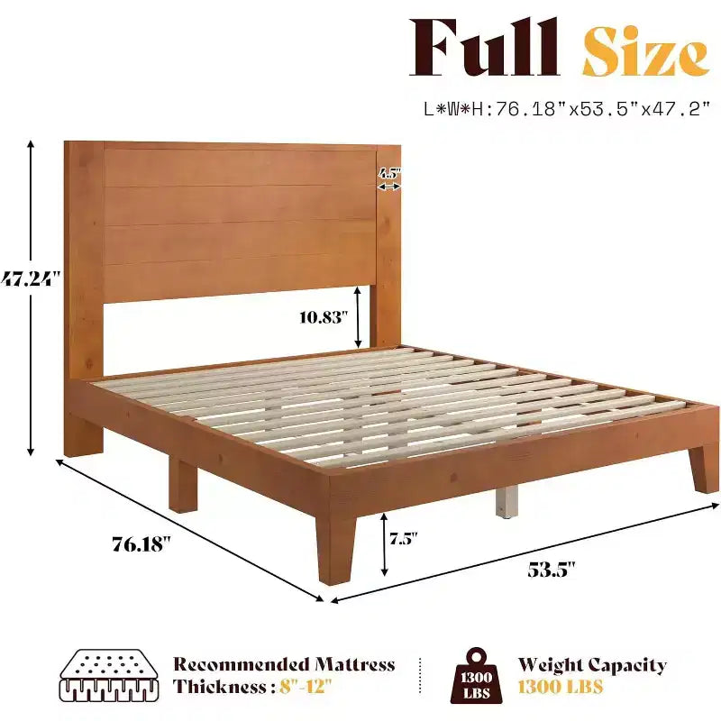 AMERLIFE Solid Pine Wood Platform Bed Frame with 47.2 Headboard, Wood Slats