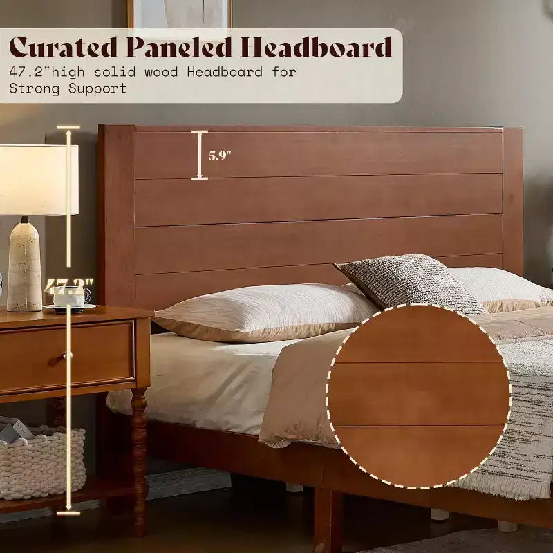 AMERLIFE Solid Pine Wood Platform Bed Frame with 47.2 Headboard, Wood Slats