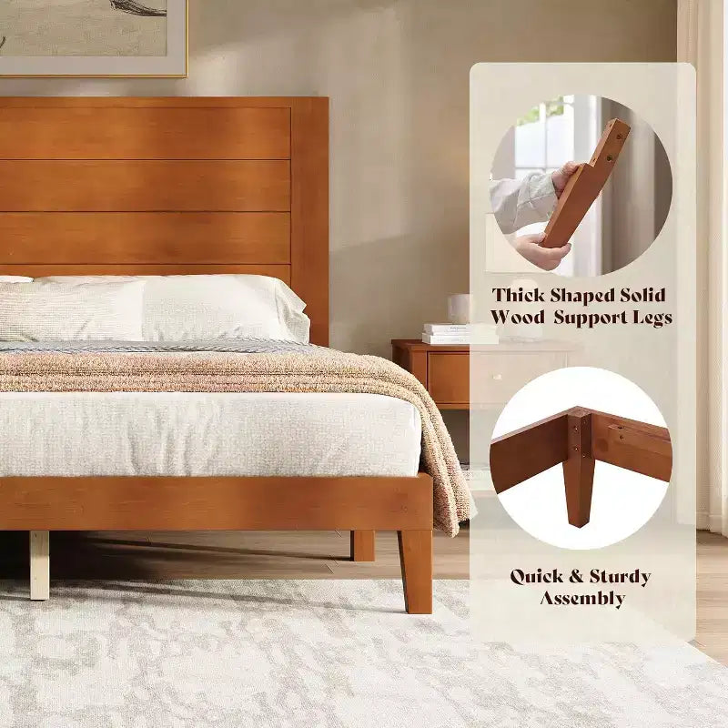 AMERLIFE Solid Pine Wood Platform Bed Frame with 47.2 Headboard, Wood Slats