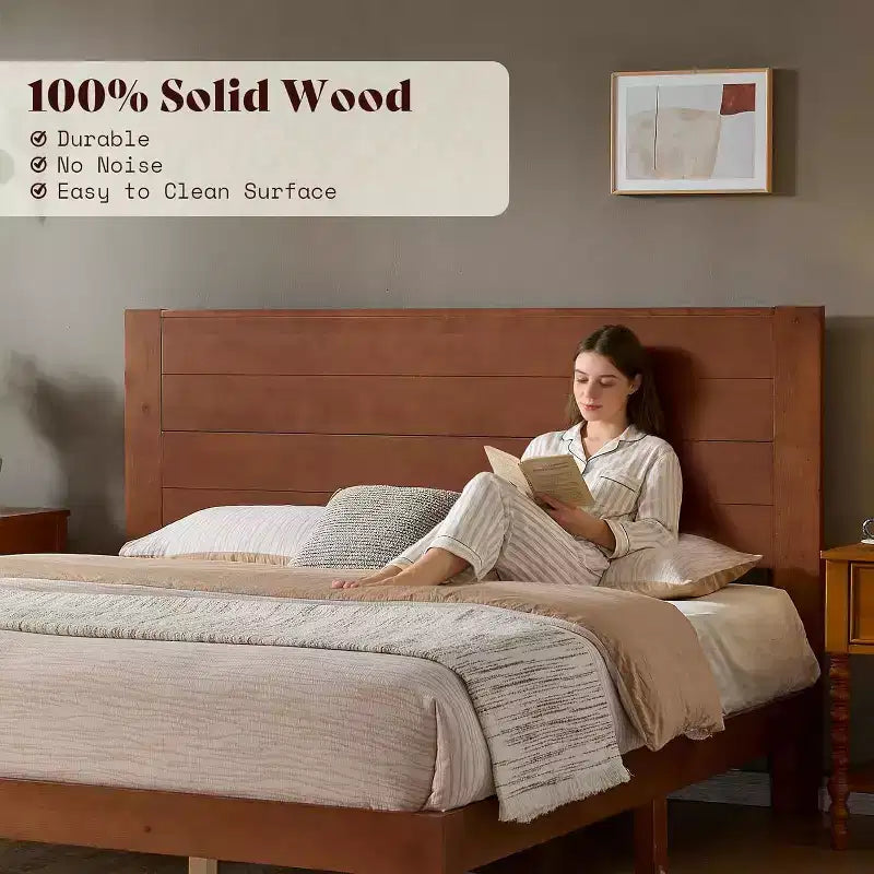 AMERLIFE Solid Pine Wood Platform Bed Frame with 47.2 Headboard, Wood Slats