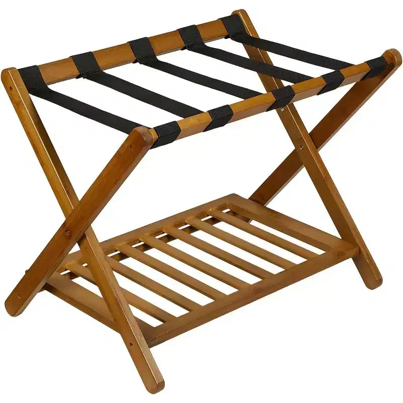 2-Tier Storage Luggage Rack, Folding Bamboo Suitcase Stand with Nylon Straps Holds Up to 150Lb, for Guest Room Bedroom Hotel Living Room