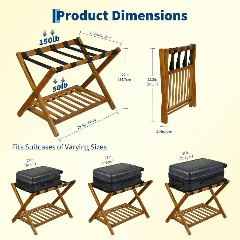 2-Tier Storage Luggage Rack, Folding Bamboo Suitcase Stand with Nylon Straps Holds Up to 150Lb, for Guest Room Bedroom Hotel Living Room