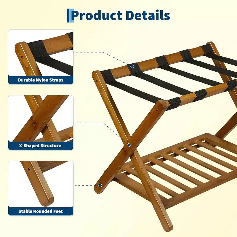 2-Tier Storage Luggage Rack, Folding Bamboo Suitcase Stand with Nylon Straps Holds Up to 150Lb, for Guest Room Bedroom Hotel Living Room