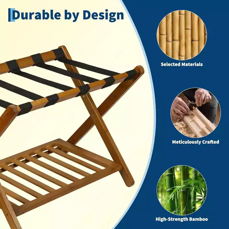 2-Tier Storage Luggage Rack, Folding Bamboo Suitcase Stand with Nylon Straps Holds Up to 150Lb, for Guest Room Bedroom Hotel Living Room