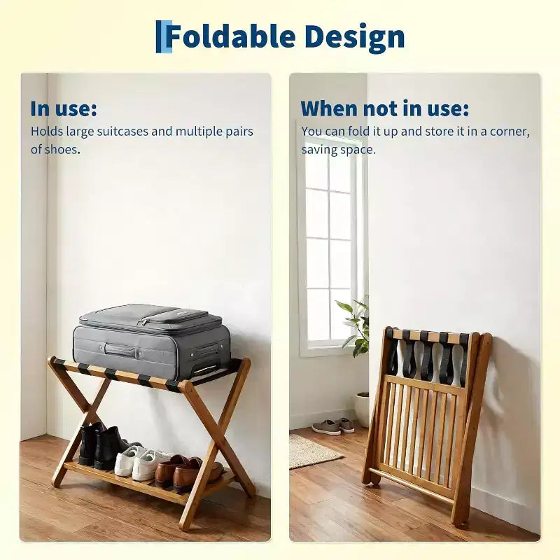 2-Tier Storage Luggage Rack, Folding Bamboo Suitcase Stand with Nylon Straps Holds Up to 150Lb, for Guest Room Bedroom Hotel Living Room