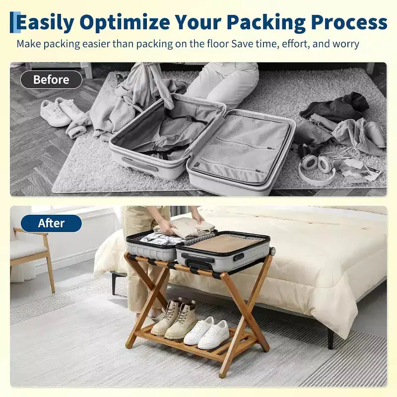 2-Tier Storage Luggage Rack, Folding Bamboo Suitcase Stand with Nylon Straps Holds Up to 150Lb, for Guest Room Bedroom Hotel Living Room