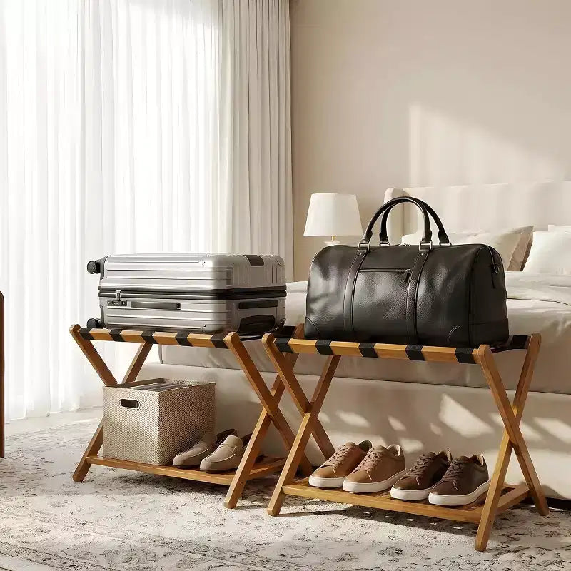 2-Tier Storage Luggage Rack, Folding Bamboo Suitcase Stand with Nylon Straps Holds Up to 150Lb, for Guest Room Bedroom Hotel Living Room