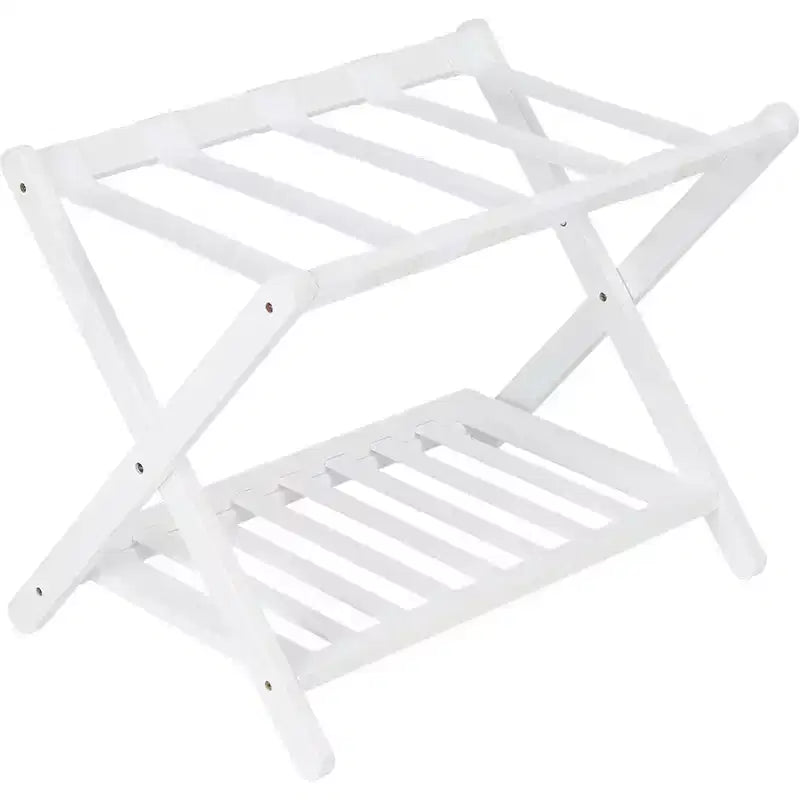 2-Tier Storage Luggage Rack, Folding Bamboo Suitcase Stand with Nylon Straps Holds Up to 150Lb, for Guest Room Bedroom Hotel Living Room