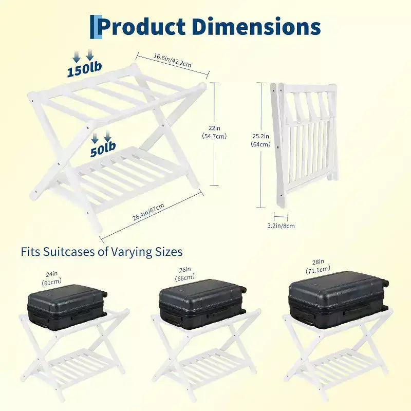 2-Tier Storage Luggage Rack, Folding Bamboo Suitcase Stand with Nylon Straps Holds Up to 150Lb, for Guest Room Bedroom Hotel Living Room