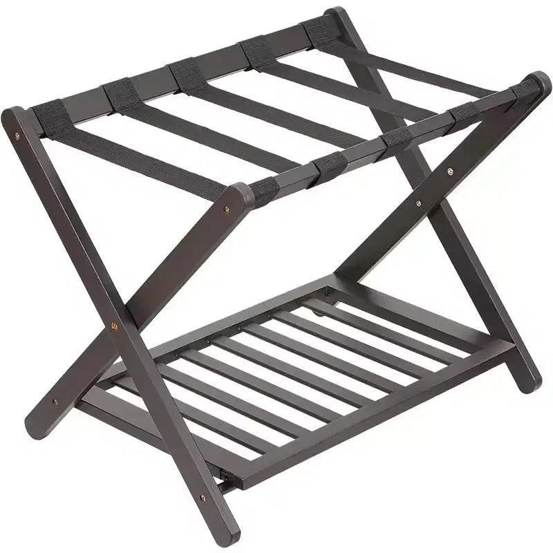 2-Tier Storage Luggage Rack, Folding Bamboo Suitcase Stand with Nylon Straps Holds Up to 150Lb, for Guest Room Bedroom Hotel Living Room