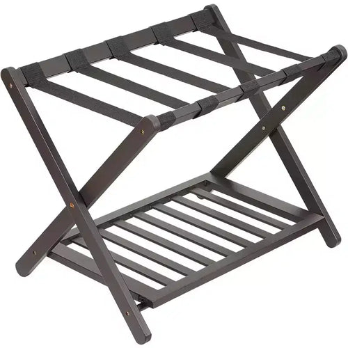 2-Tier Storage Luggage Rack, Folding Bamboo Suitcase Stand with Nylon Straps Holds Up to 150Lb, for Guest Room Bedroom Hotel Living Room