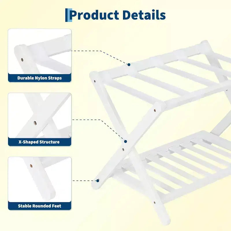 2-Tier Storage Luggage Rack, Folding Bamboo Suitcase Stand with Nylon Straps Holds Up to 150Lb, for Guest Room Bedroom Hotel Living Room