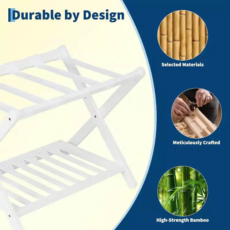 2-Tier Storage Luggage Rack, Folding Bamboo Suitcase Stand with Nylon Straps Holds Up to 150Lb, for Guest Room Bedroom Hotel Living Room