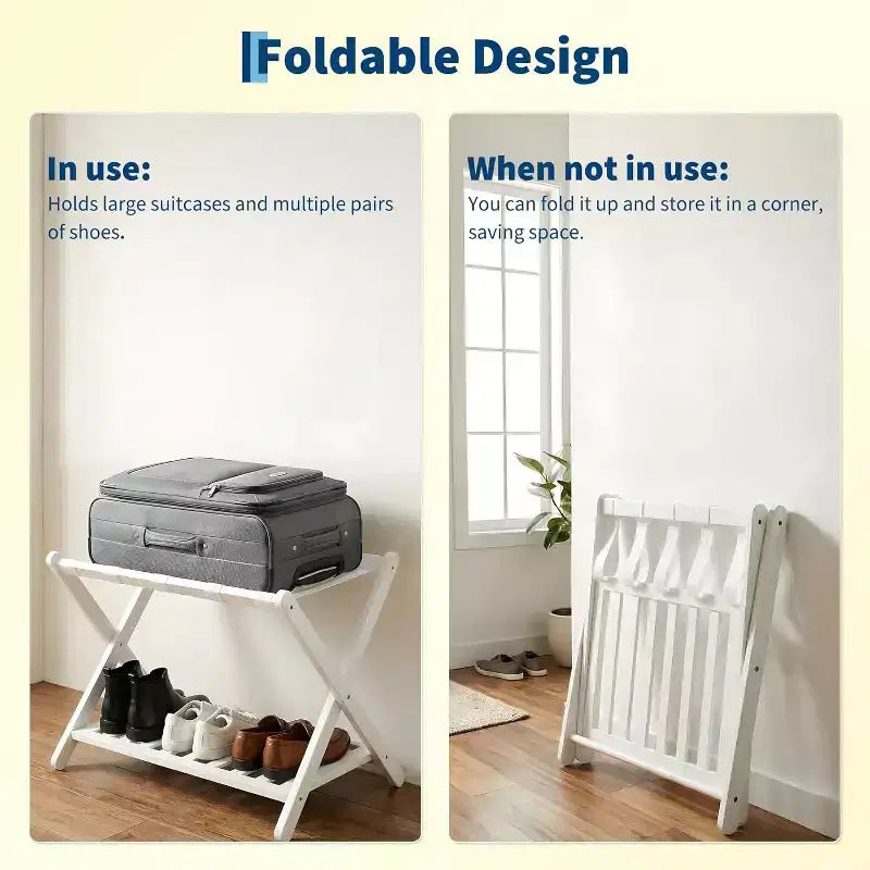 2-Tier Storage Luggage Rack, Folding Bamboo Suitcase Stand with Nylon Straps Holds Up to 150Lb, for Guest Room Bedroom Hotel Living Room