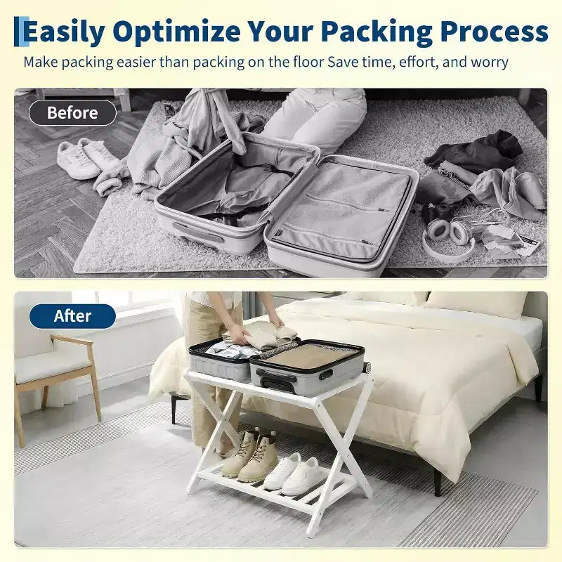 2-Tier Storage Luggage Rack, Folding Bamboo Suitcase Stand with Nylon Straps Holds Up to 150Lb, for Guest Room Bedroom Hotel Living Room