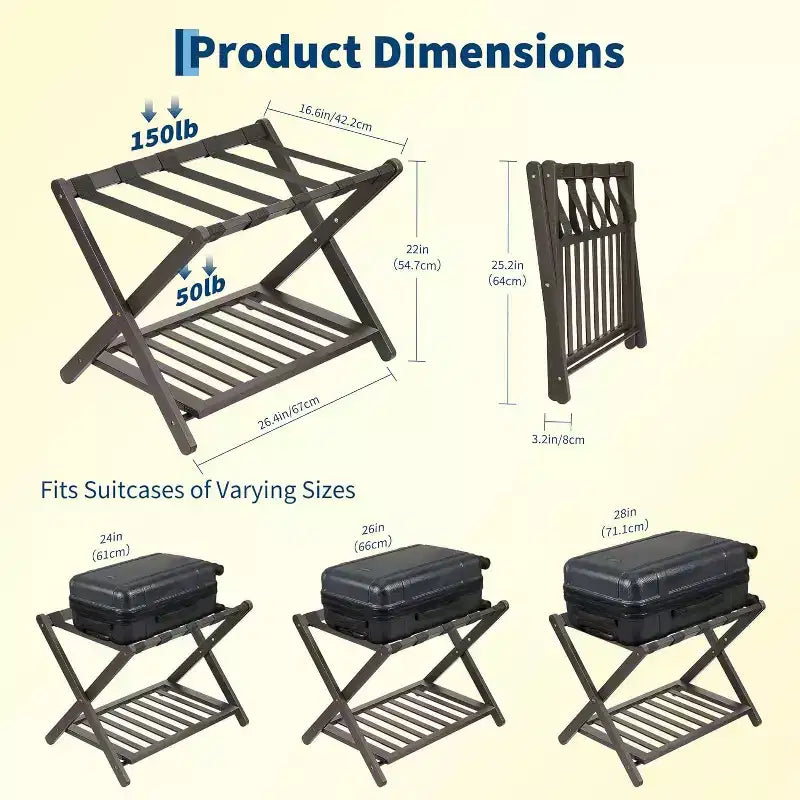 2-Tier Storage Luggage Rack, Folding Bamboo Suitcase Stand with Nylon Straps Holds Up to 150Lb, for Guest Room Bedroom Hotel Living Room