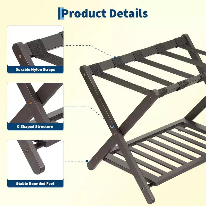 2-Tier Storage Luggage Rack, Folding Bamboo Suitcase Stand with Nylon Straps Holds Up to 150Lb, for Guest Room Bedroom Hotel Living Room