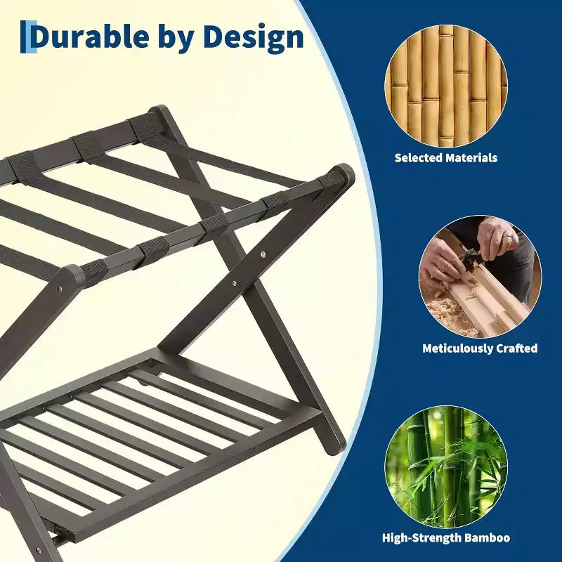 2-Tier Storage Luggage Rack, Folding Bamboo Suitcase Stand with Nylon Straps Holds Up to 150Lb, for Guest Room Bedroom Hotel Living Room