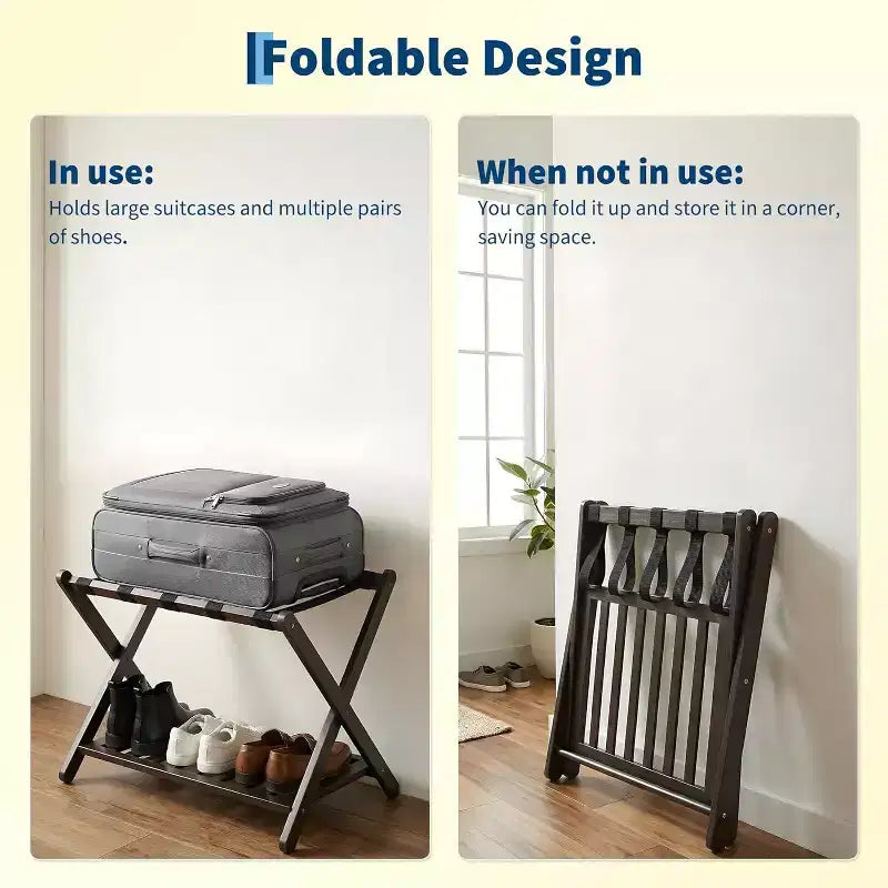 2-Tier Storage Luggage Rack, Folding Bamboo Suitcase Stand with Nylon Straps Holds Up to 150Lb, for Guest Room Bedroom Hotel Living Room