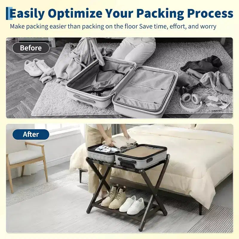 2-Tier Storage Luggage Rack, Folding Bamboo Suitcase Stand with Nylon Straps Holds Up to 150Lb, for Guest Room Bedroom Hotel Living Room