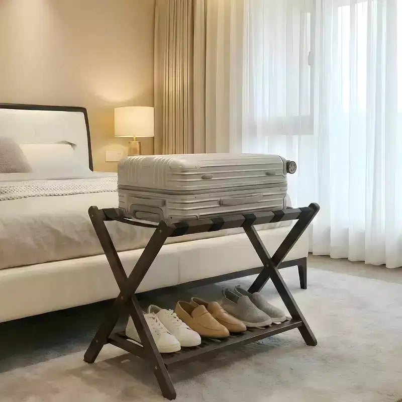 2-Tier Storage Luggage Rack, Folding Bamboo Suitcase Stand with Nylon Straps Holds Up to 150Lb, for Guest Room Bedroom Hotel Living Room
