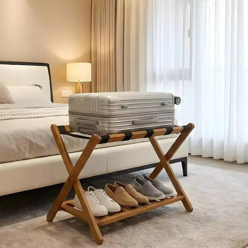 2-Tier Storage Luggage Rack, Folding Bamboo Suitcase Stand with Nylon Straps Holds Up to 150Lb, for Guest Room Bedroom Hotel Living Room