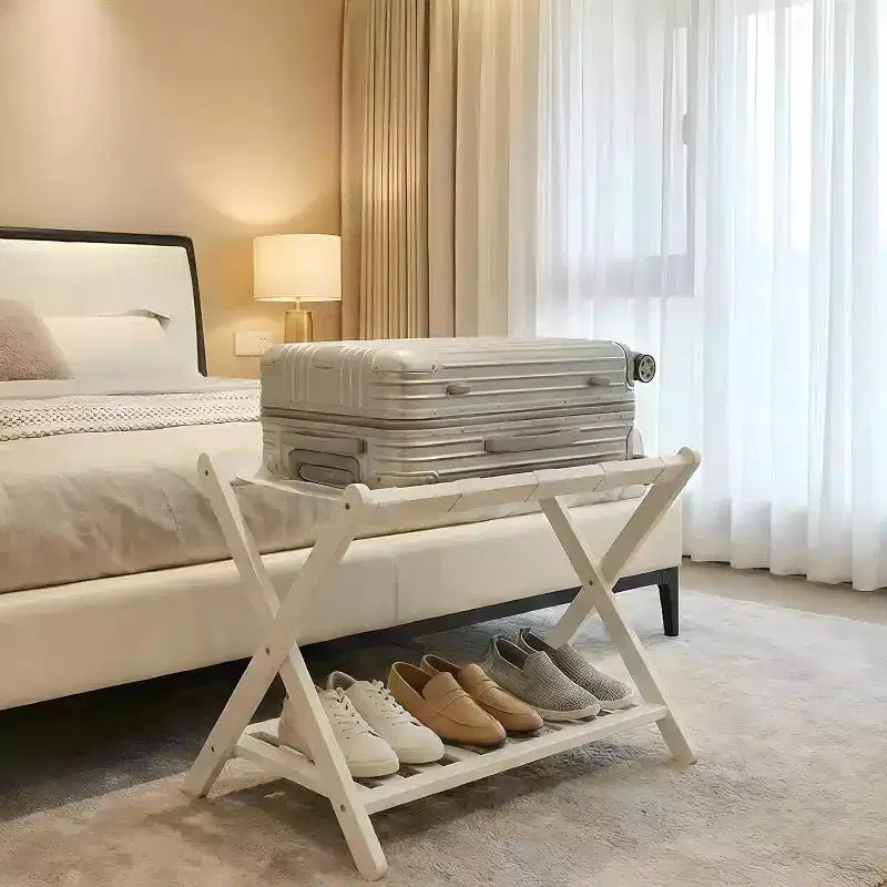 2-Tier Storage Luggage Rack, Folding Bamboo Suitcase Stand with Nylon Straps Holds Up to 150Lb, for Guest Room Bedroom Hotel Living Room