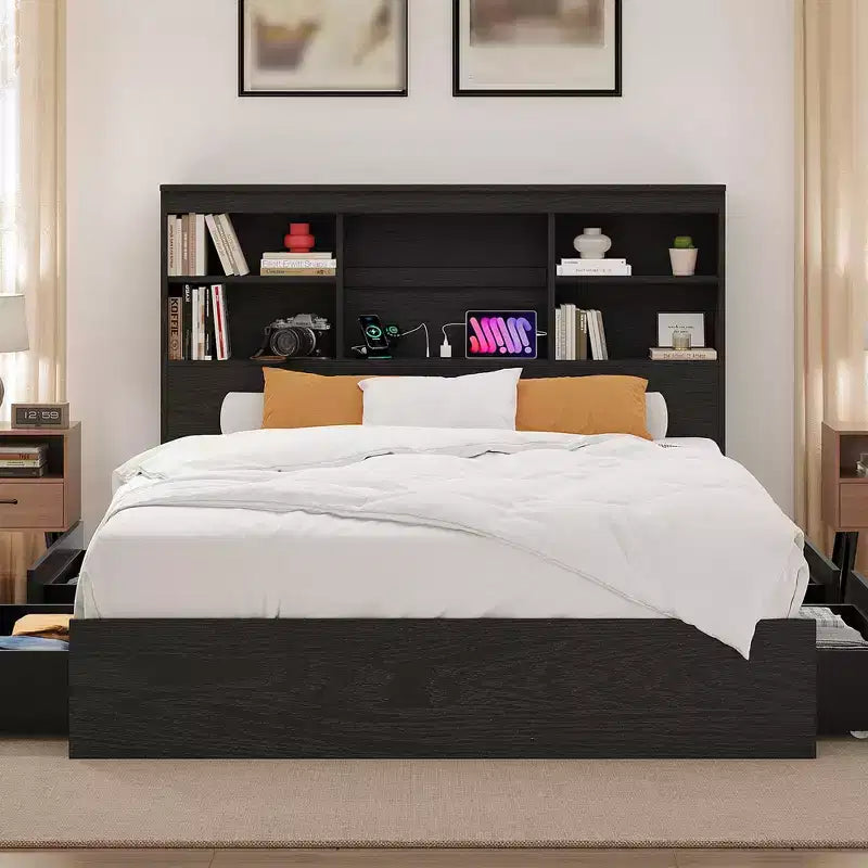 King Size Bed Frame with Storage Headboard, Modern Platform Bed with Charging Station & 4 Drawers, Metal Slats Support, No Box Spring Needed