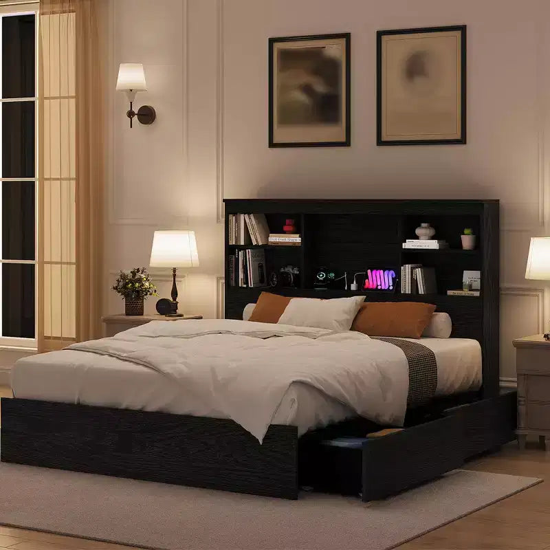 King Size Bed Frame with Storage Headboard, Modern Platform Bed with Charging Station & 4 Drawers, Metal Slats Support, No Box Spring Needed