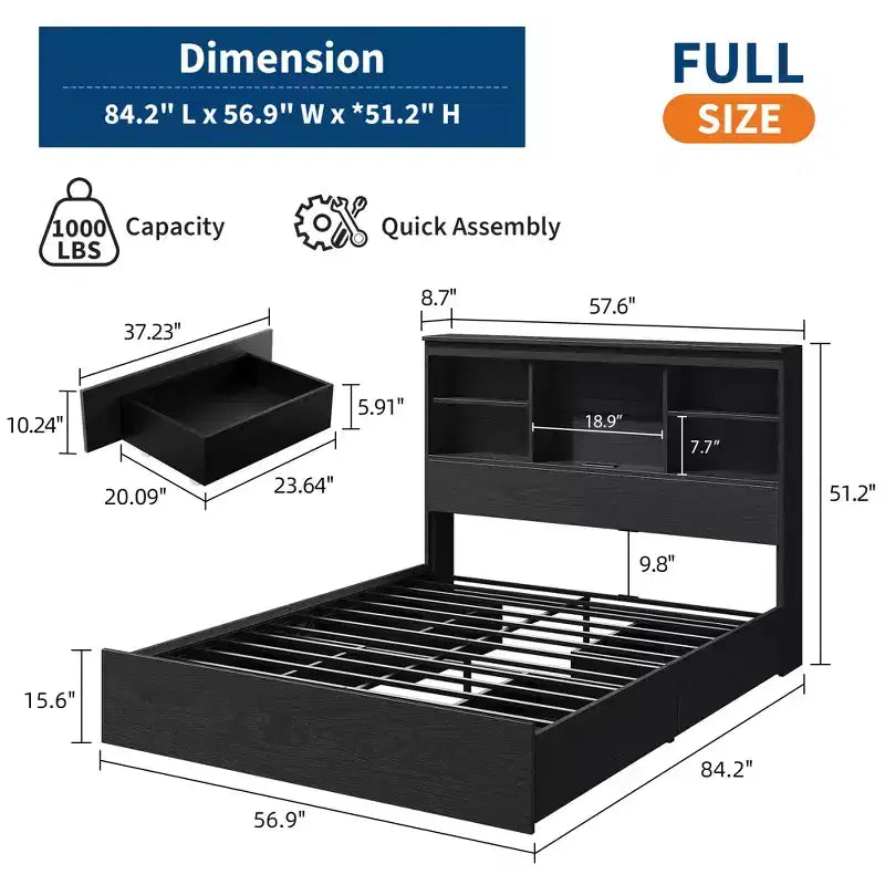 King Size Bed Frame with Storage Headboard, Modern Platform Bed with Charging Station & 4 Drawers, Metal Slats Support, No Box Spring Needed