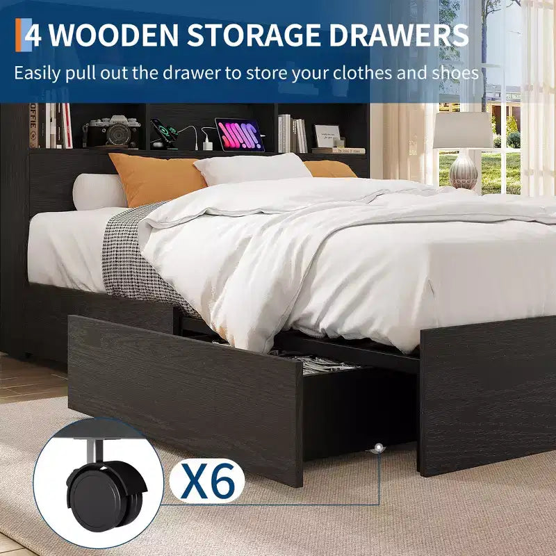 King Size Bed Frame with Storage Headboard, Modern Platform Bed with Charging Station & 4 Drawers, Metal Slats Support, No Box Spring Needed
