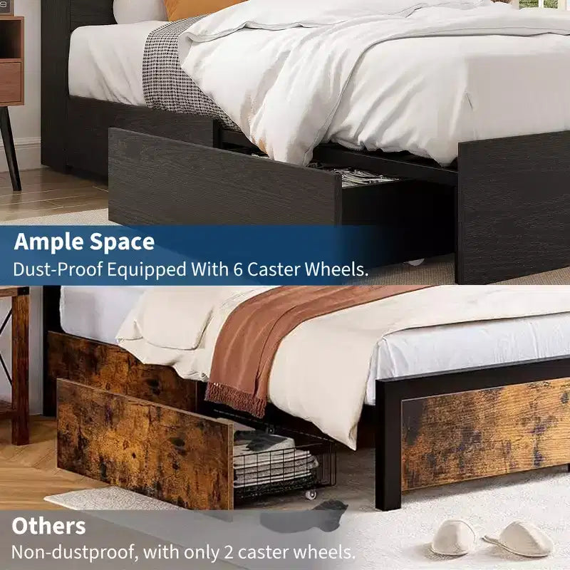 King Size Bed Frame with Storage Headboard, Modern Platform Bed with Charging Station & 4 Drawers, Metal Slats Support, No Box Spring Needed