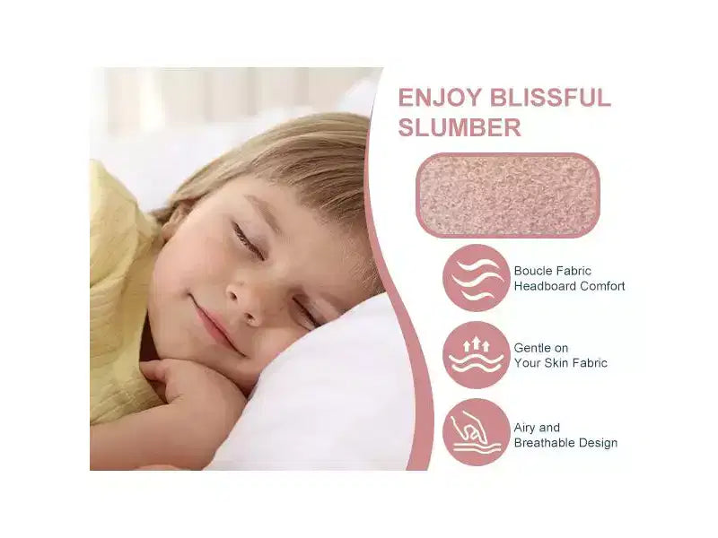 Modern children's bed frame with an arched, plush, upholstered headboard. Quiet design, no need for packaging, easy to assemble.