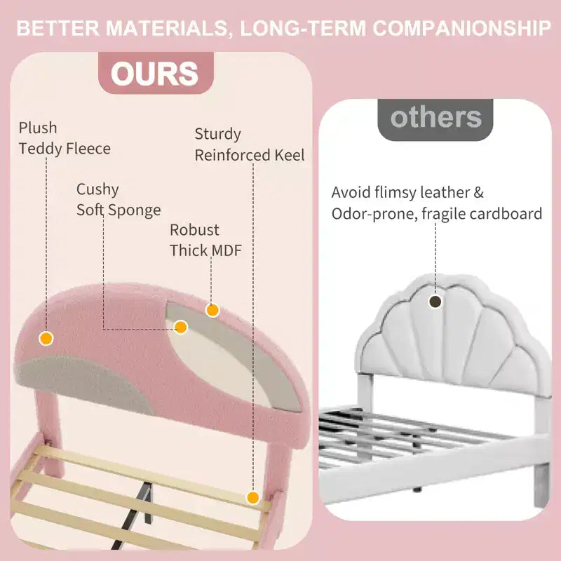 Modern children's bed frame with an arched, plush, upholstered headboard. Quiet design, no need for packaging, easy to assemble.