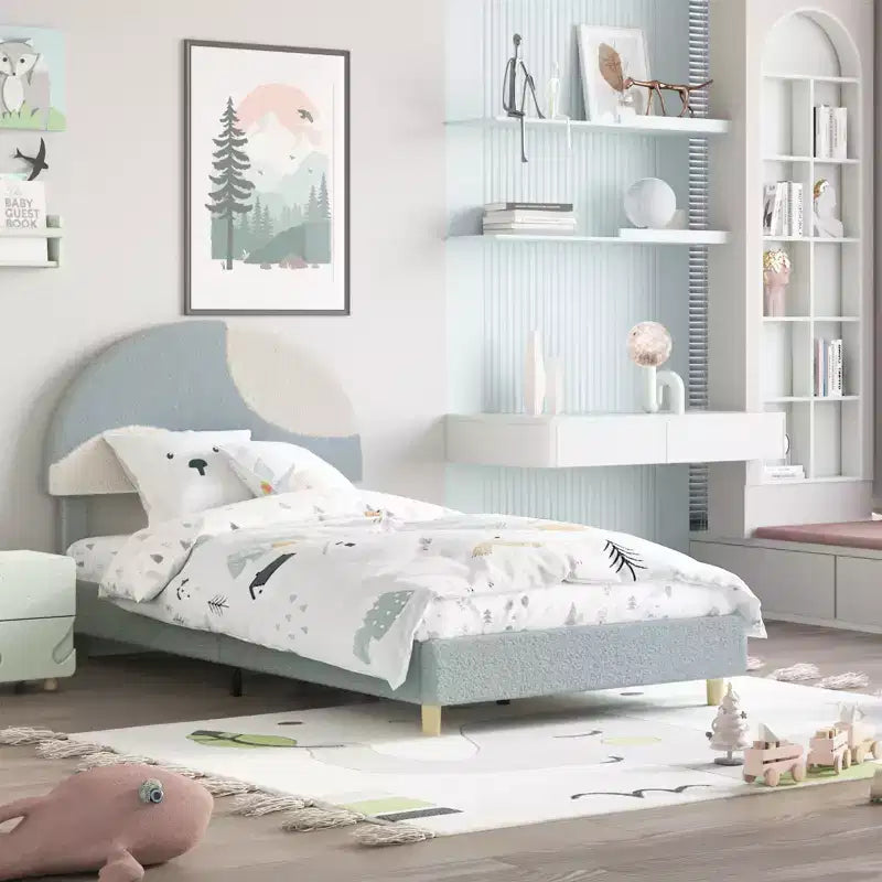 Modern children's bed frame with an arched, plush, upholstered headboard. Quiet design, no need for packaging, easy to assemble.