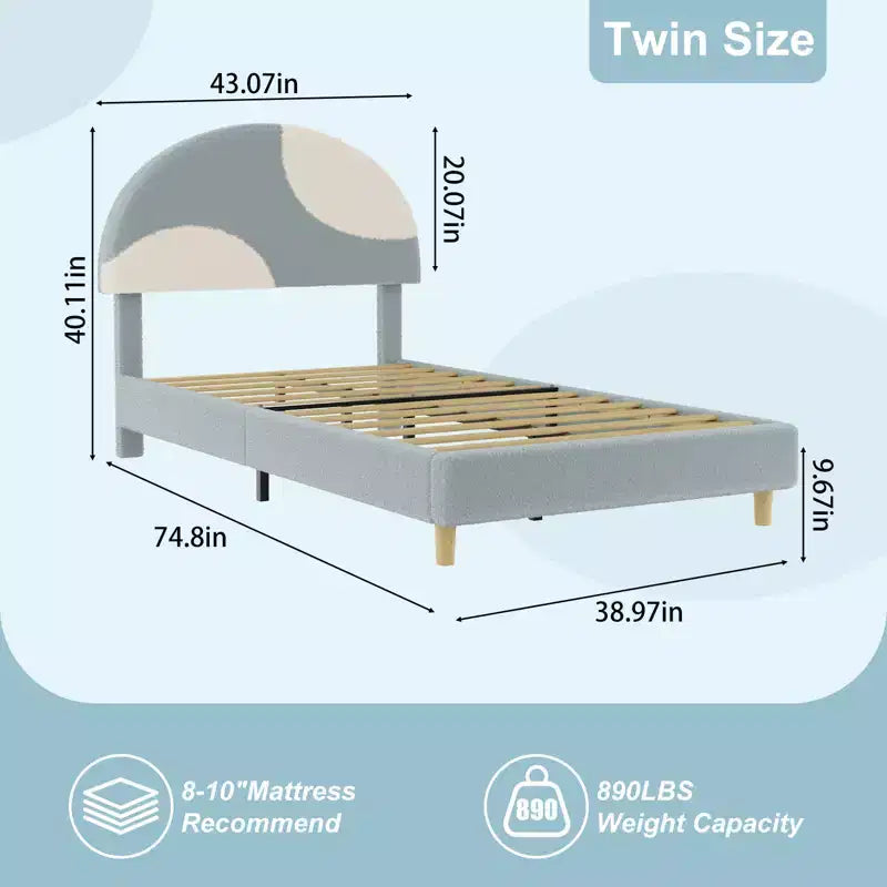 Modern children's bed frame with an arched, plush, upholstered headboard. Quiet design, no need for packaging, easy to assemble.