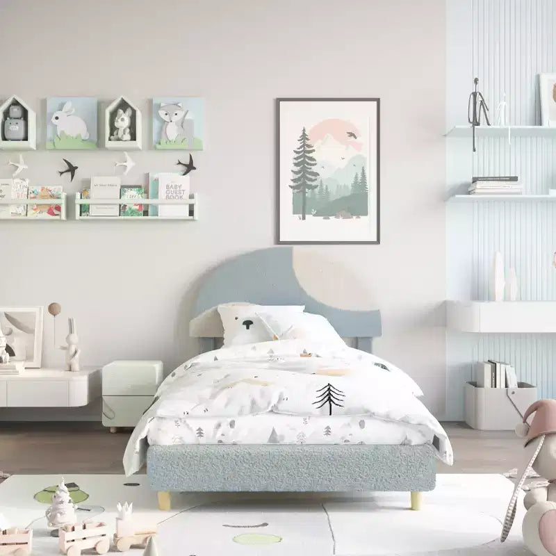 Modern children's bed frame with an arched, plush, upholstered headboard. Quiet design, no need for packaging, easy to assemble.