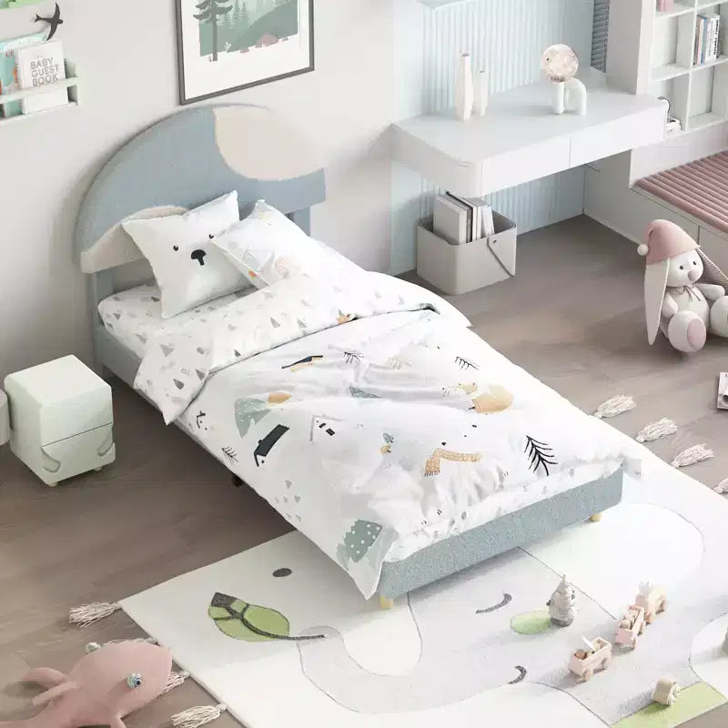 Modern children's bed frame with an arched, plush, upholstered headboard. Quiet design, no need for packaging, easy to assemble.