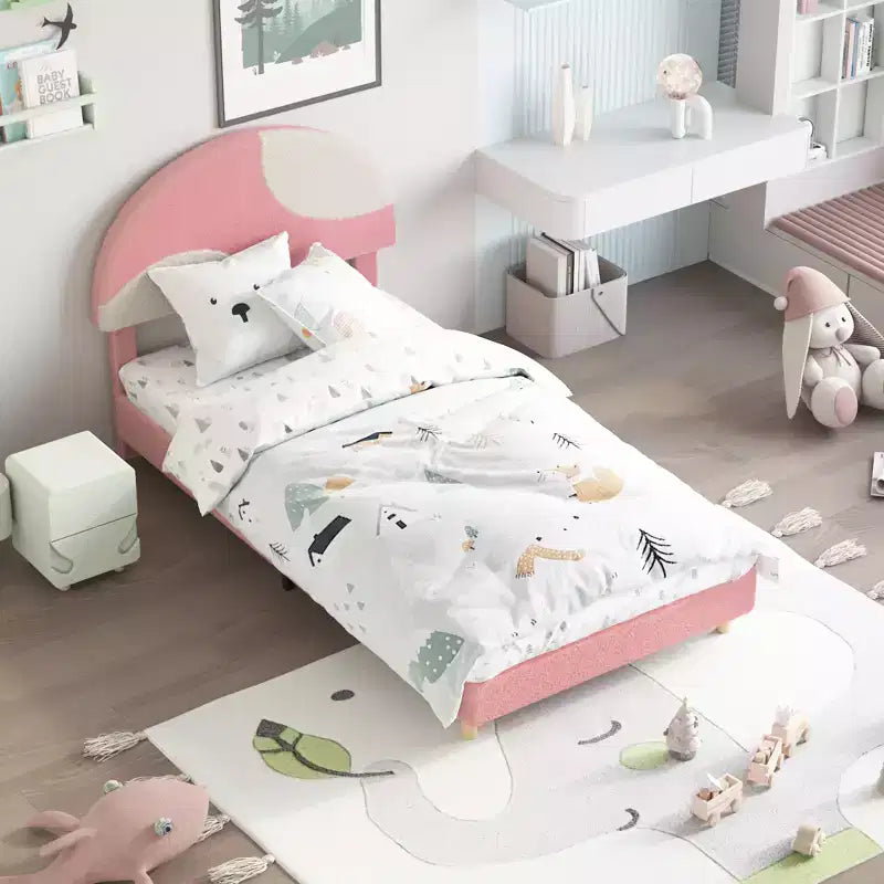 Modern children's bed frame with an arched, plush, upholstered headboard. Quiet design, no need for packaging, easy to assemble.