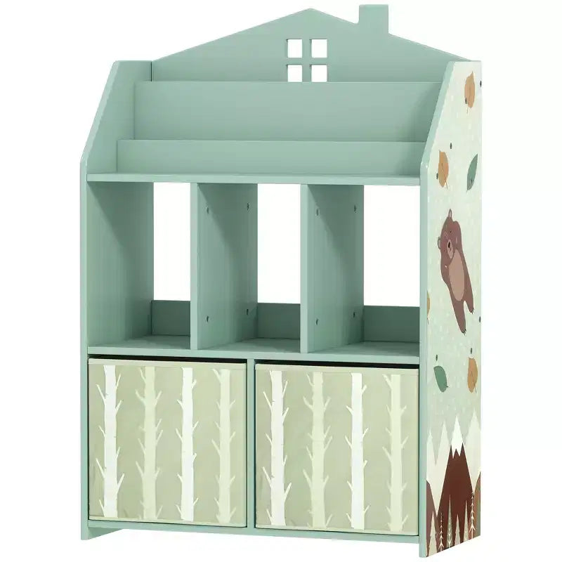 Qaba Kids Bookshelf with Toy Storage, Children's Bookcase with Book Display, Shelves and Fabric Drawers, Toy Organizer for Playroom and Nursery, Green