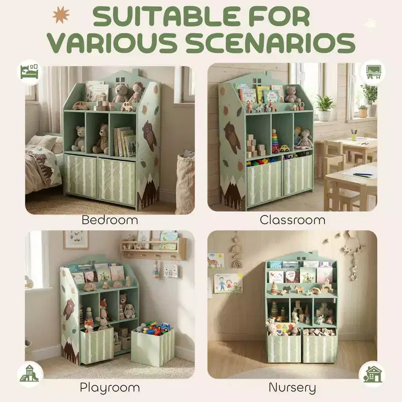 Qaba Kids Bookshelf with Toy Storage, Children's Bookcase with Book Display, Shelves and Fabric Drawers, Toy Organizer for Playroom and Nursery, Green