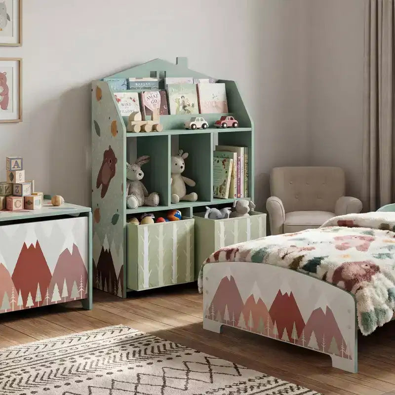 Qaba Kids Bookshelf with Toy Storage, Children's Bookcase with Book Display, Shelves and Fabric Drawers, Toy Organizer for Playroom and Nursery, Green