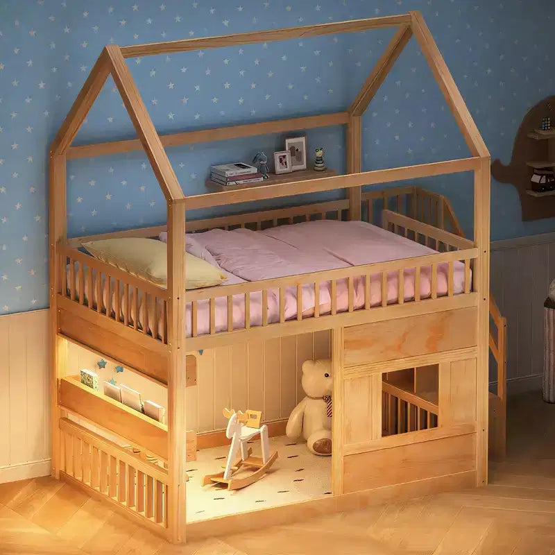 Luxystar Full size Wood House Loft Bed with Built-in Shelf, Storage Staircase and Light