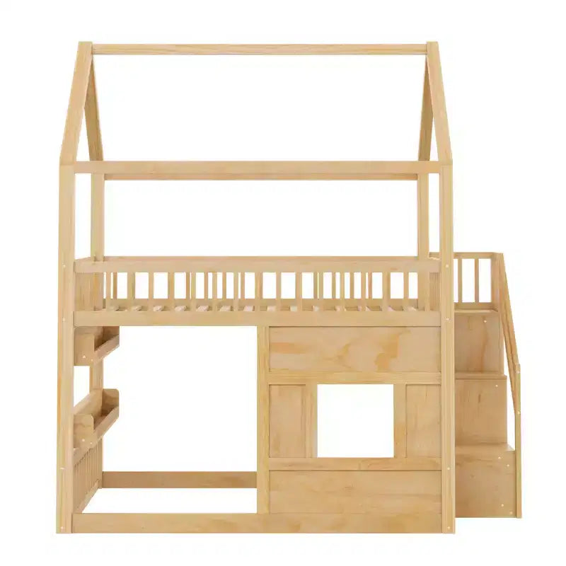 Luxystar Full size Wood House Loft Bed with Built-in Shelf, Storage Staircase and Light