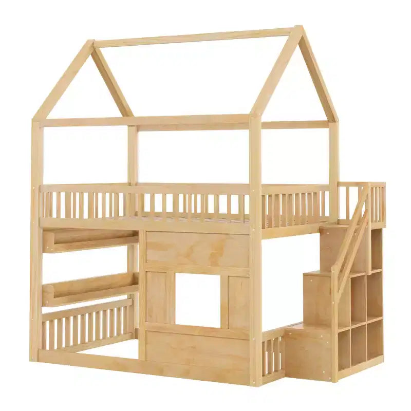 Luxystar Full size Wood House Loft Bed with Built-in Shelf, Storage Staircase and Light