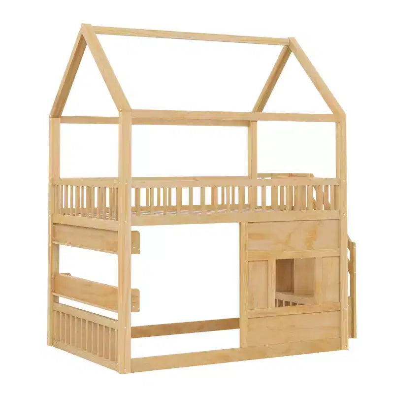 Luxystar Full size Wood House Loft Bed with Built-in Shelf, Storage Staircase and Light