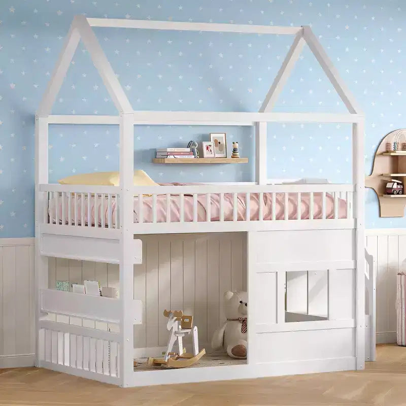 Luxystar Full size Wood House Loft Bed with Built-in Shelf, Storage Staircase and Light