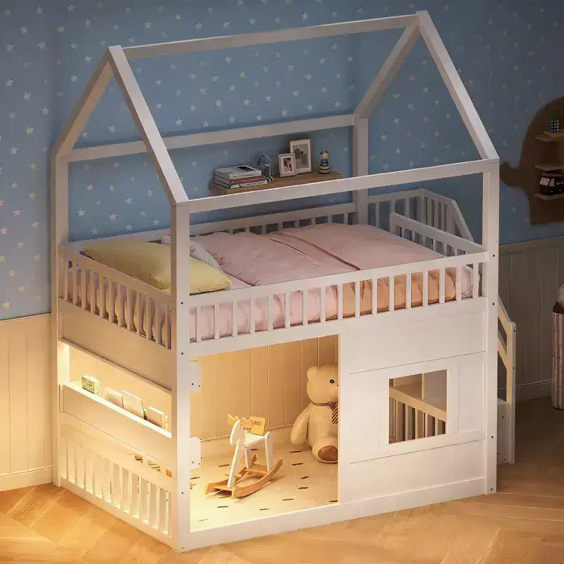 Luxystar Full size Wood House Loft Bed with Built-in Shelf, Storage Staircase and Light