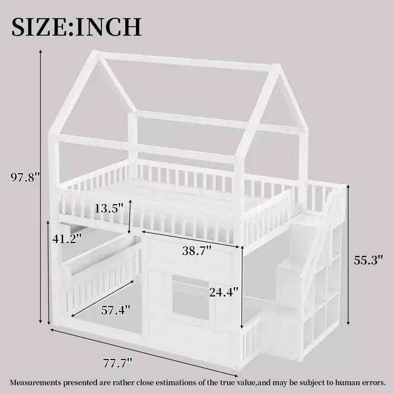 Luxystar Full size Wood House Loft Bed with Built-in Shelf, Storage Staircase and Light